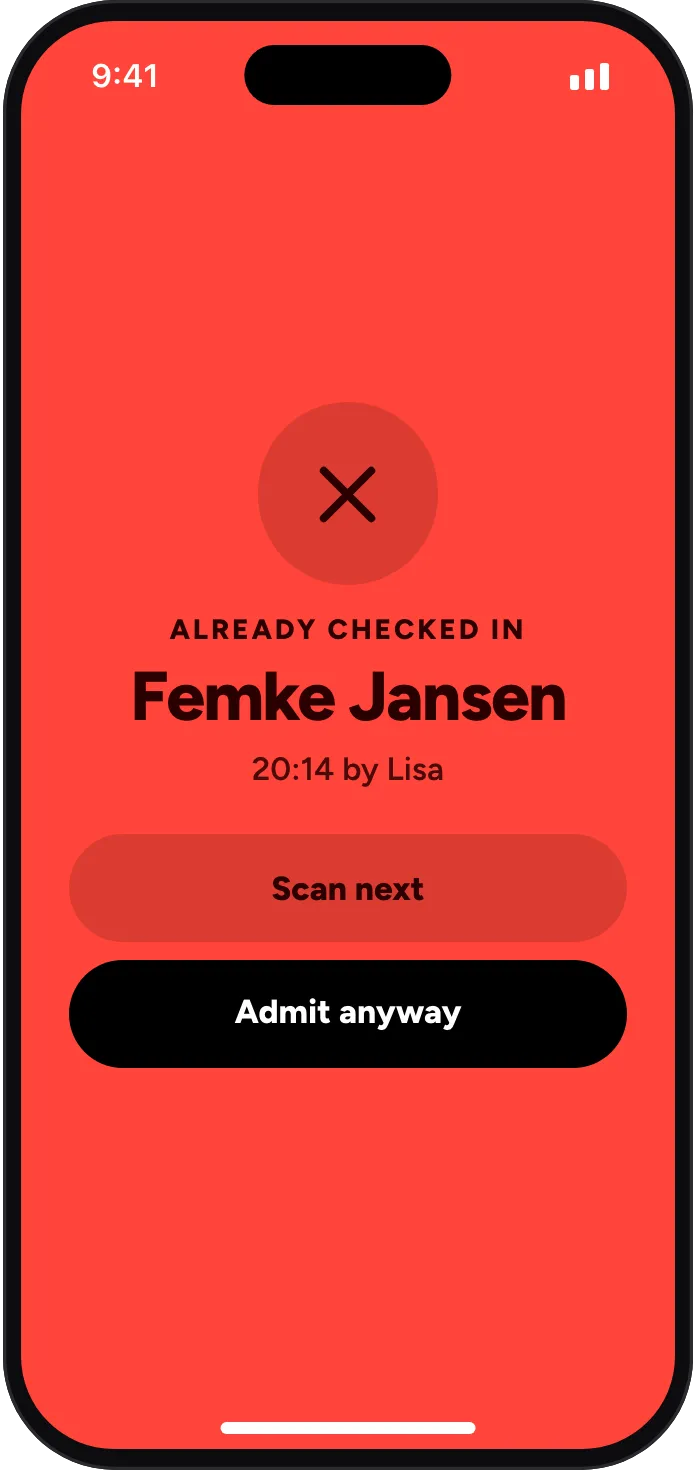Already checked in: Femke Jansen, at 20:14 by Lisa