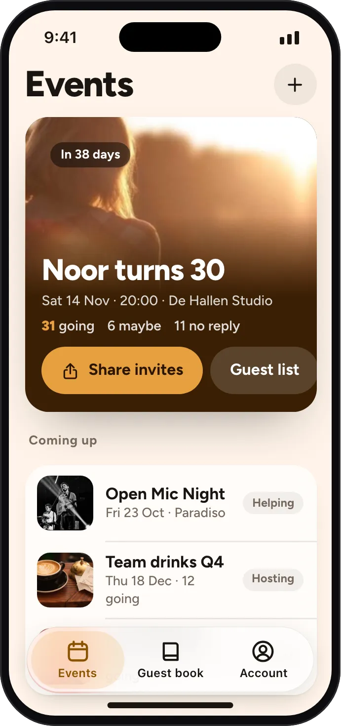 The Events screen, with Noor turns 30 coming up in 38 days